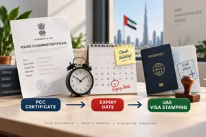 Applicant checking PCC documents before UAE visa stamping